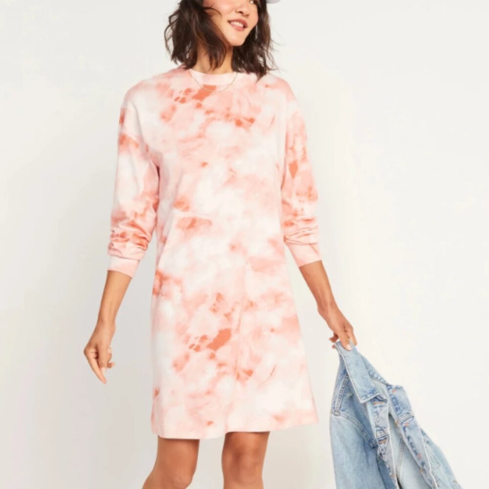 Old Navy Pink and White Tie-Dye Long Sleeve Dress